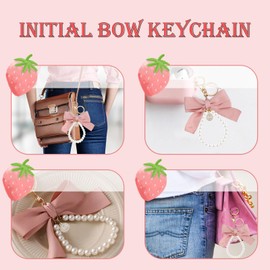 SMUOBT Bow Initial Keychain for Women, Cute Pink Bow Keychain Wristlet Pearl Key Chains for Car Keys, Accessories