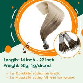 Easyouth Nano Ring Bead Hair Extensions with Nan-Ring Real Hair Colour Platinum Blonde and Light Brown 18 Inches 50 pieces 50 g Nano Ring Bead Hair Extensions