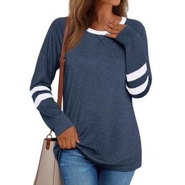AUTOMET Womens Long Sleeve Shirts Color Block Casual Dressy Crewneck Tops Cotton Tshirt Basic Tees Fall Fashion Trendy Clothes Work Outfits Blue L