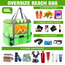 Mesh Beach Bag, Large Beach Bag Swimming Bag Foldable Mesh Tote for Your Family Beach Trip (Green)