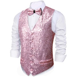 Barry.Wang Mens Sequins Vest Set V-neck Shiny Waistcoat Bowtie Set Prom Party Tuxedo Wedding for Men Dress Suit Vest S-3XL