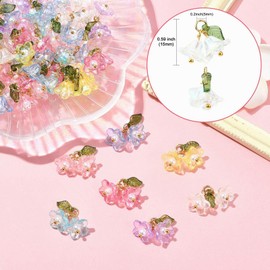 Stiesy 70Pcs 7 Colors Flower Charms Pendants Floral with Green Leaf Acrylic Charm Colorful Lily of the Valley Dangle Charms Bulk for Jewellery Making Bracelet Crafts Necklace Earrings DIY