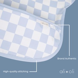 Ali+Oli Smock Bib for Baby (1-pc) Short Sleeve (Blue Checkers) BPA-Free Oeko-Tex Certified, Mess Proof Baby Bib for Eating, Waterproof Baby Smock, Machine Washable, Toddlers Ages 6m+
