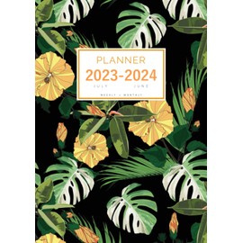 Planner July 2023-2024 June: A4 Weekly and Monthly Organizer | Summer Tropical Floral Design Black