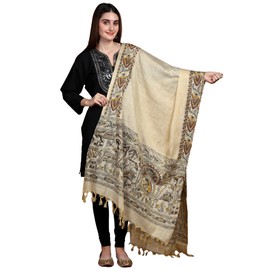 Exotic India Women's Khadi Cotton Shawl with Madhubani Art Printed and Peacocks Border | Beautiful Design Stole, Scarf