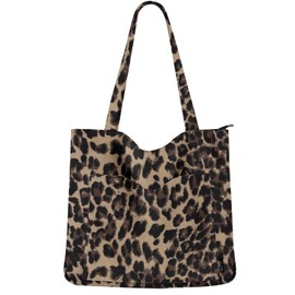Prite Corduroy Tote Bag for Women Large Shoulder Bag with Zipper and Pockets for College Work Travel Shopping(Leopard Print)