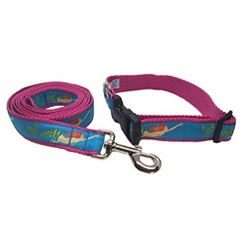Preston Mermaid Dog Collar and Leash Set - Mermaid on Turquoise Blue Ribbon with Pink Nylon Webbing (Medium)