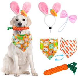 4 PCS Easter Dog Costumes Cute Bunny Ears Headband Reversible Eggs Puppy Bandana Bowtie Pink Easter Outfits for Small Medium Large Dogs Funny Carrot Rope Chew Toys Birthday Party Accessories