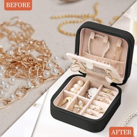 My Daily Travel Jewelry Case - Small Jewelry Box for Women Girls Gift Organizer Leather Jewelry Holder Boxes with Mirror, Black, Initial B