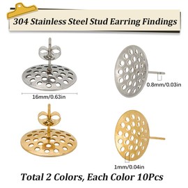 SUNNYCLUE 1 Box 20Pcs Earring Stud Finding 304 Stainless Steel Earring Posts Bulk Gold Silver Metal Flat Round Earrings Studs with Sieve Base Ear Nuts Backs for Jewellery Making DIY Crafts Supplies