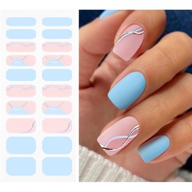 JMEOWIO Gel Nail Stickers Blue Pink Silver French Tip Semi Cured Gel Nail Strips Wraps UV/LED Nail Supplies Nail Art Design Decoration Accessories