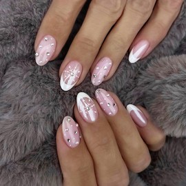 24Pcs Christmas Press on Nails Short French Tip Fake Nails with Rhinestones Almond Glue on Nails Snowflake False Nails Pink Stick on Nails Xmas Artificial Nails for Women Winter Acrylic Nails Supplies