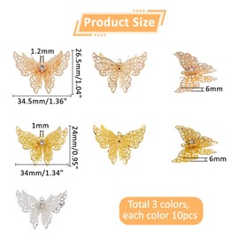 Hobbspring 30Pcs 3D Butterfly Charms 3 Colors Filigree Butterfly Charms Rhinestones Hollow Fancy Butterflies Charm for Jewelry Necklace Bracelets Earrings Making DIY Crafts