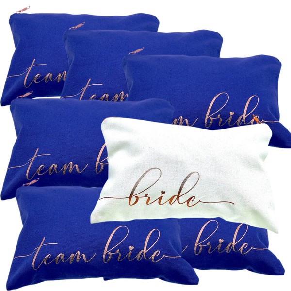 6 Bridesmaids Makeup Bags & 1 for Bride. 7 Large Canvas Toiletry Bags with Metal Zipper & Inside Lining. for Bachelorette Party Favors & Bridal Shower with Bridesmaid Proposal Cards. (Royal Blue)