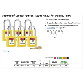 Uline masterlock Lockout Padlock - Keyed Alike, 1 1⁄2" Shackle, Yellow