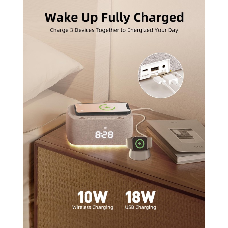 EZVALO Alarm Clock with Wireless Charger,Multifunctional Digital Clock Radio with