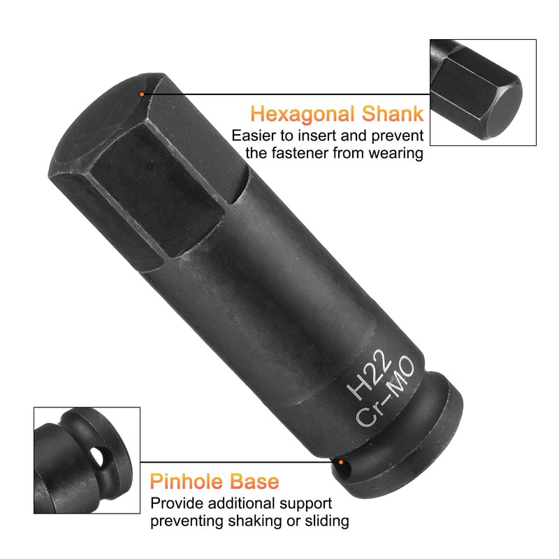 uxcell 22mm Hex Impact Bit Socket H22 1/2" CR-MO Steel