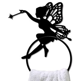 MAYJOYDIY Fairy Metal Towel Ring Elf Wings Towel Holder for Wall Fantasy Fairy Wand Towel Ring Black Plant Towel Rack Wall Mounted for Bathroom Kitchen Towel Hanger Home Decors Gift