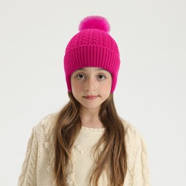 BAOPLAYKIDS Toddler Winter Hat Warm Knit Kids Hat with Earflap Pom Pom Beanie Knit Cap Girls Boys Hot Pink Ages 3-8 Years