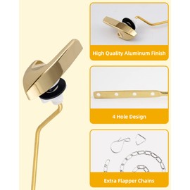 iFealClear - Manija universal para depósito de inodoro de color dorado brillante, mango de inodoro de latón para montaje lateral/ángulo compatible con Kohler K-GP30324-CP, cadena de aleta de acero inoxidable
