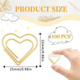 BEANPRECOY 100 Pcs Metal Paper Clips, Mini Love Heart Shaped Paper Clips Bookmarks, Small Paperclips Clamps with Clear Box, Heart Paperclips for Photos Document Notes Organizing (Gold)