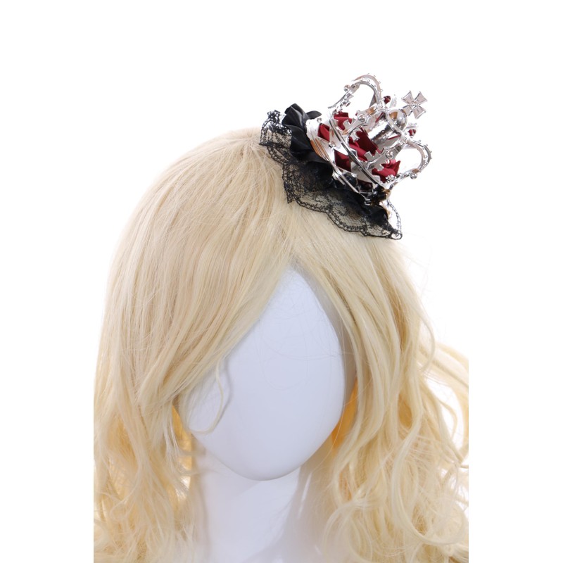 Kawaii-Story C-107-2 Silver Crown Red Rose Bow Black Lace Ruffle