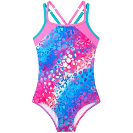 Belovance Girls Swimsuits One Piece Athletic Bathing Suit Size 13 14 Double Adjustable Straps Back Cutout Sporty Color Block Kids Children Pool Beach Swimwear Quick Dry (Rainbow Leopard, 11-12 Years)
