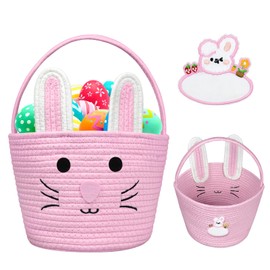 Brbecon Easter Bunny Basket for Kids with Name Tag, Pink Small Woven Easter Basket for Girls, Easter Egg Hunt Baskets Bags Easter Gifts Basket for Girls Baby Kids Children 9.8 x 7.8 x 7.8"