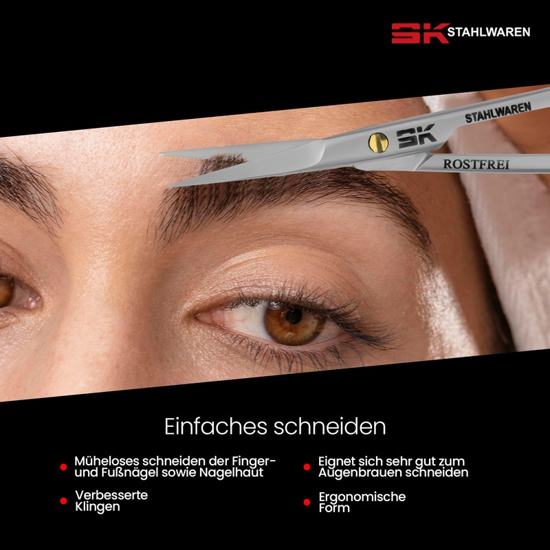 SK STAHLWAREN Professional cuticle scissors, curved, extra sharp nail scissors.