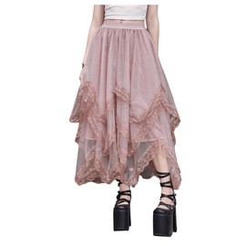 Verdusa Women's Asymmetrical Tulle Skirts Elastic High Waist Ruffle Tiered Mesh Long Skirt, Dusty Pink, Small