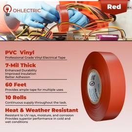 OhLectric Professional Grade Vinyl Electrical Tape - 7 Mil Thick, Heavy Duty, Flame Retardant, Heat Resistant - 3/4 Inch x 60 Feet - UL, CSA Listed (Pack of 10) (Red)