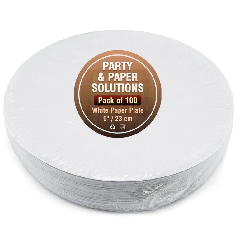 100 WHITE PAPER PLATES - 9 inch/23cm quality durable plates