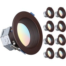TORCHSTAR 8-Pack 5CCT 4 Inch LED Integrated Canless LED Recessed Lighting with J-Box, Anti-Glare Deep Baffle, CRI90 Dimmable Ceiling Downlight, ETL 2700K3000K3500K4000K5000K, Oil Rubbed Bronze