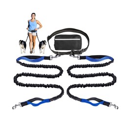 MIYIHA Correa de Perro para Correr sin Manos de Doble para Correr, Caminar, Entrenar, Senderismo, Cuerda Elástica Duradera y Asas Doblemente Acolchadas, con Riñonera para Cinturas de 26" a 47" (Azul)