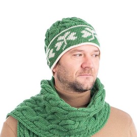 SAOL 100% Merino Wool Shamrock Knitted Hat for Men in Natural/Charcoal/Navy/Green, Green