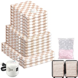 16 Pack Travel Vacuum Storage Bags with Electric Pump, 3 Large+6 Medium+7 Small Vacuum Sealer Bags, 80% Space Saver Bags for Luggage, Comforters and Blankets, Travel Essentials(Light Pink Checkered)