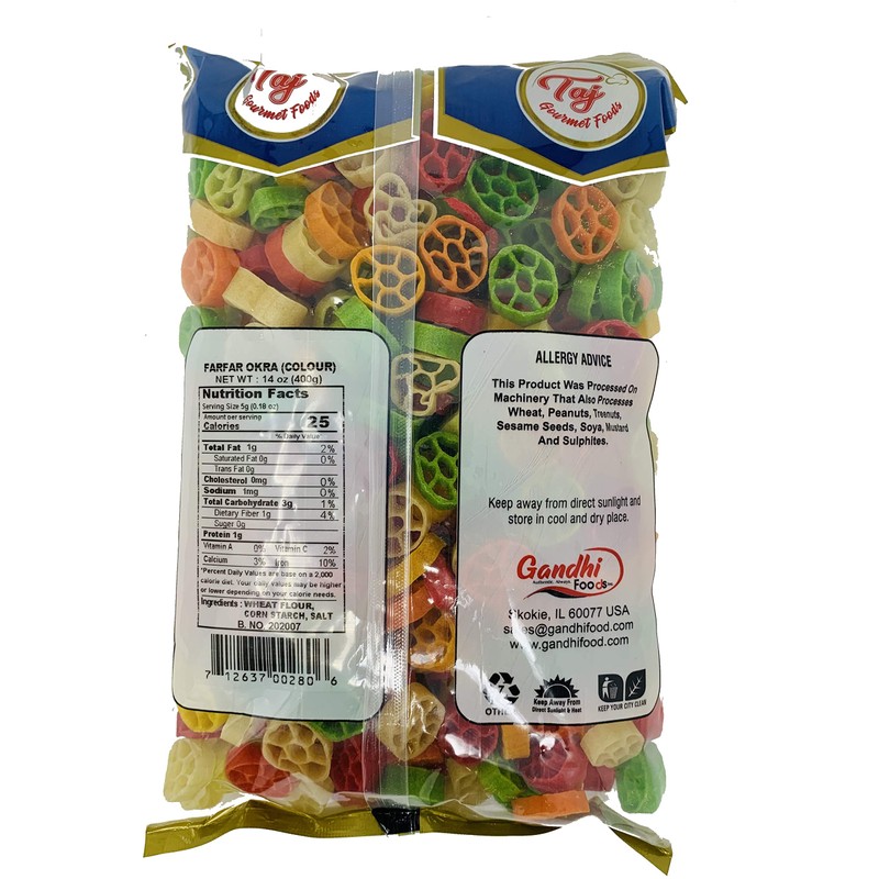 TAJ Gourmet Farfar Fryums (Wheat Pellet Tube), 400g (Okra)