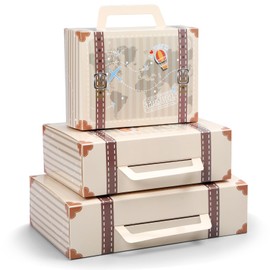 Weekgrat 6 Pcs Large Vintage Travel Suitcase Box Travel Party Decorations Paperboard Suitcases Gift Box Decorative Set of 3 Small Stackable Storage Chests Decor for Themed Party Favors (Beige)