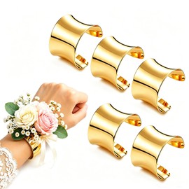 AMAWIN 6 Pcs Gold Corsage Cuff Bracelets Bulk for Wedding Prom, Adjustable Metal Wristlet Band Base with Smooth Curved Edge, Wide Open Bangle for Florists DIY Flower Making, Comfort Fit