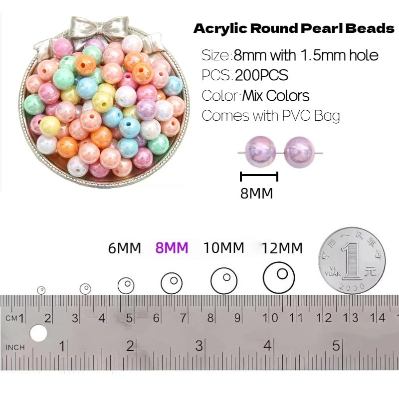 Fiozroor 200 Pcs 8mm Iridescent Colorful Pearl Craft Beads