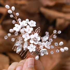IYOU Princess Silver Flower Crystal and Pearl Hair Combs Bridal Wedding Headpiece Accessories for Girls and Women (Rose Gold)