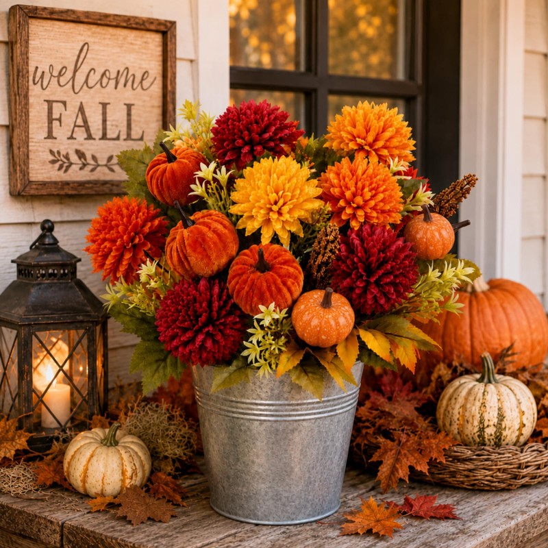 BobbleT 15 Pcs Fake Artificial Fall Mums with Pumpkin Picks,Faux