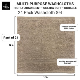 Homewear High Rise Stripe Wash Cloth Set, 12 x 12 Inch - 100% Cotton - Pack of 24, Premium Quality, Gentle and Soft - Taupe