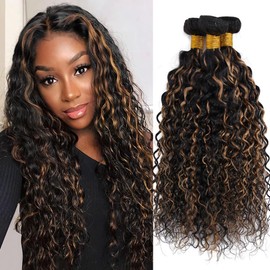 Highlight Water Wave Bundles with Closure Human Hair Honey Brown Balayage Curly Wave Human Hair Bundles 1B/27 Colored Human Hair 3 Bundles with 4x4 HD Lace Closure Free Part (10 12 14+10)