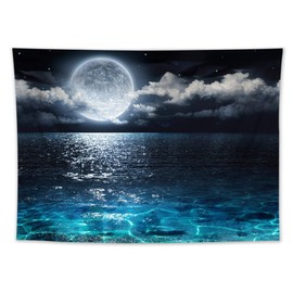 HVEST Ocean Tapestry Wall Hanging Blue Sea Night Sky Natural Scenery Tapestry Moon Over the Ocean Hippie Art Tapestries for Living Room Bedroom Teen Dorm Party Indie Decor,60X40 Inchs