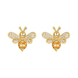 EleQueen 925 Sterling Silver CZ Gold Tone Tiny Bumblebee Stud Earrings for Women, Valentine's Day/Mother's Day/Christmas Jewelry Gift for Wife/Mom