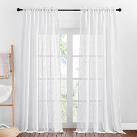PONY DANCE Linen Look Curtain, White, Semi-Transparent, 2 Pieces, H 260 x W 140 cm, Living Room Modern Balcony Door Curtains, Linen Look Curtains with Rod Pull