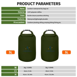 ioutdoor Dry Bag Set,2L/5L/10L/20L Waterproof Dry Bags Lightweight Dry Sacks Set Waterproof Canoe Bags for Rafting Hiking Camping Travel Fishing Boating(Army Green 5L+5L)