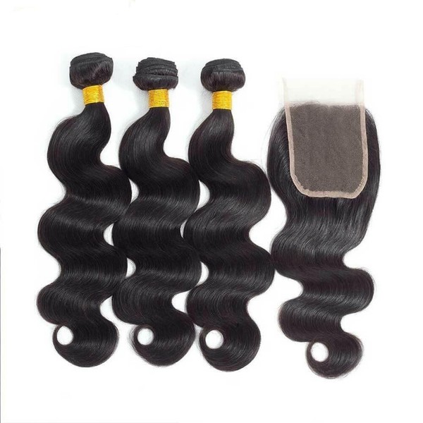 Body Wave Human Hair Bundles with Closure Brazilian Virgin Hair Weave Bundles Human Hair Free Part 4 x 4 Lace Closure Natural Colour Can be Dyed 3 Bundles and Closure 18 20 22 + 16 Inches