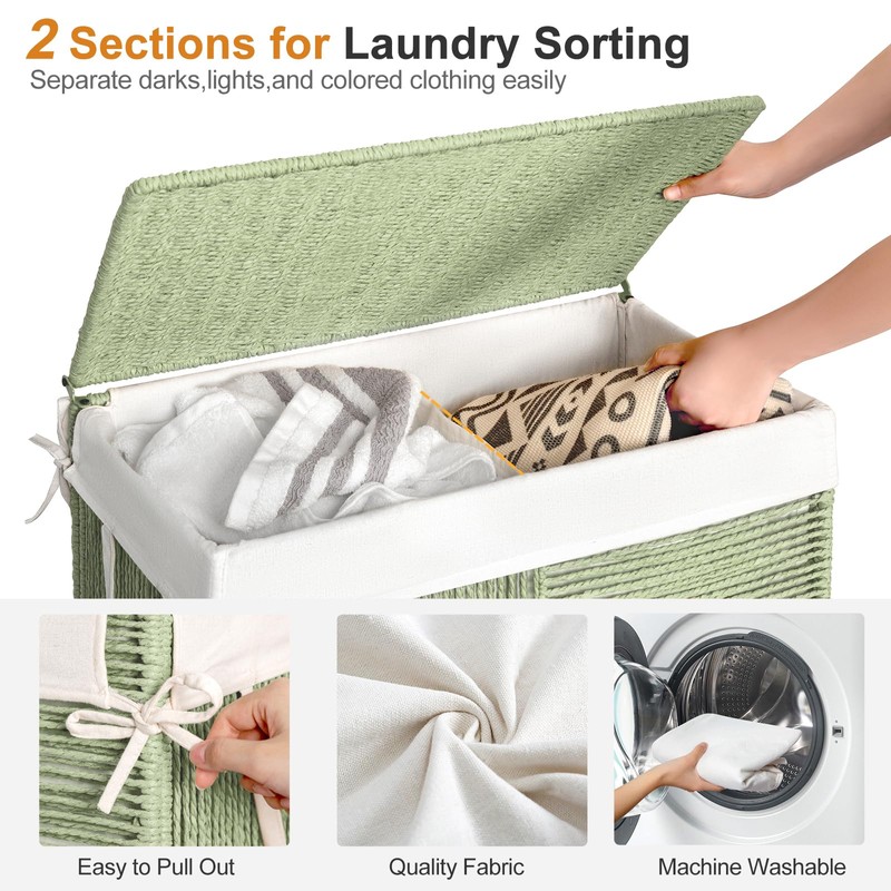 WOWLIVE Double Laundry Hamper with Lid, Handwoven Rolling Laundry Basket